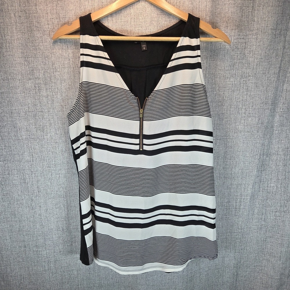 Express Black White Striped 1/4 Gold Zipper Sleeveless Tank Top Medium Hipster